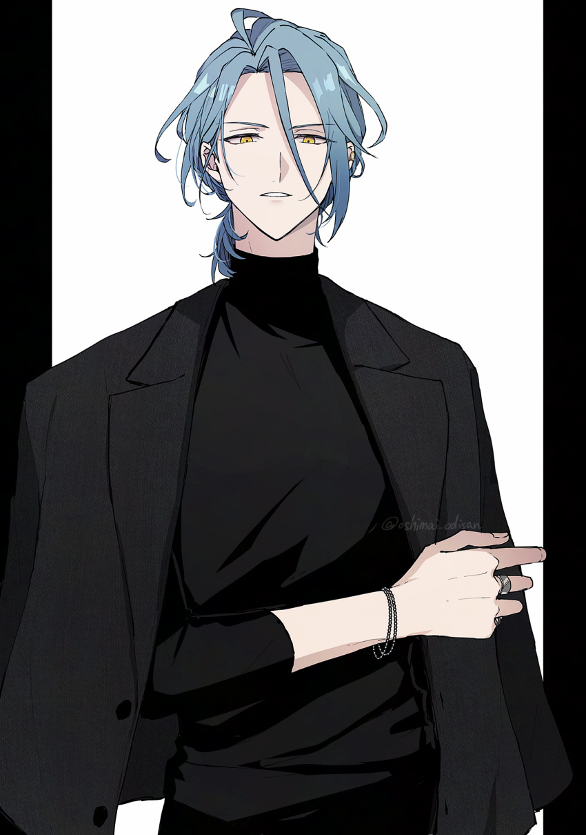 1boy, alternate_costume, alternate_hairstyle, black_jacket, black_shirt, blue_hair, bracelet, ear_piercing