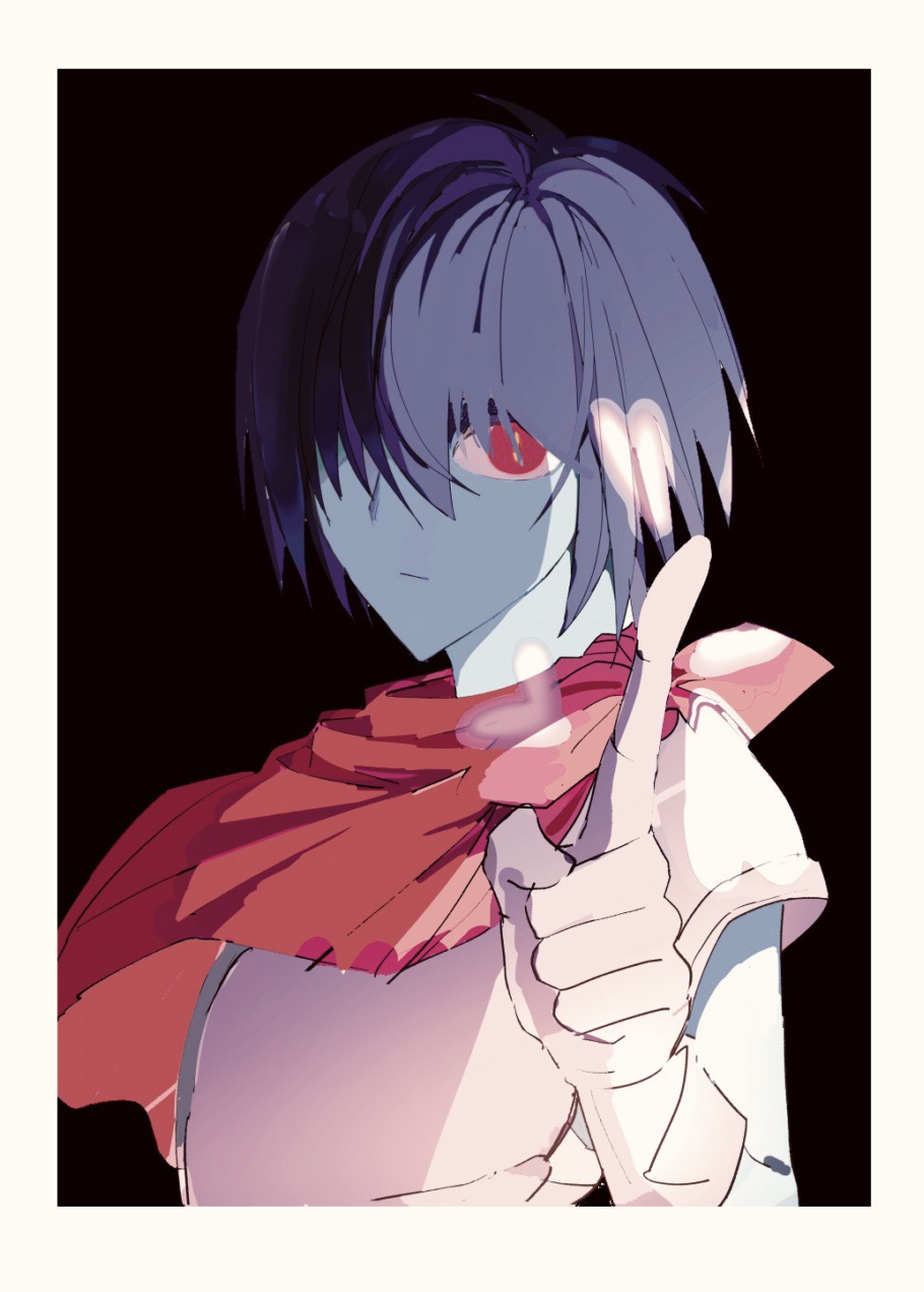 1other, androgynous, armor, blue_hair, blue_skin, cape, chinese_commentary, closed_mouth