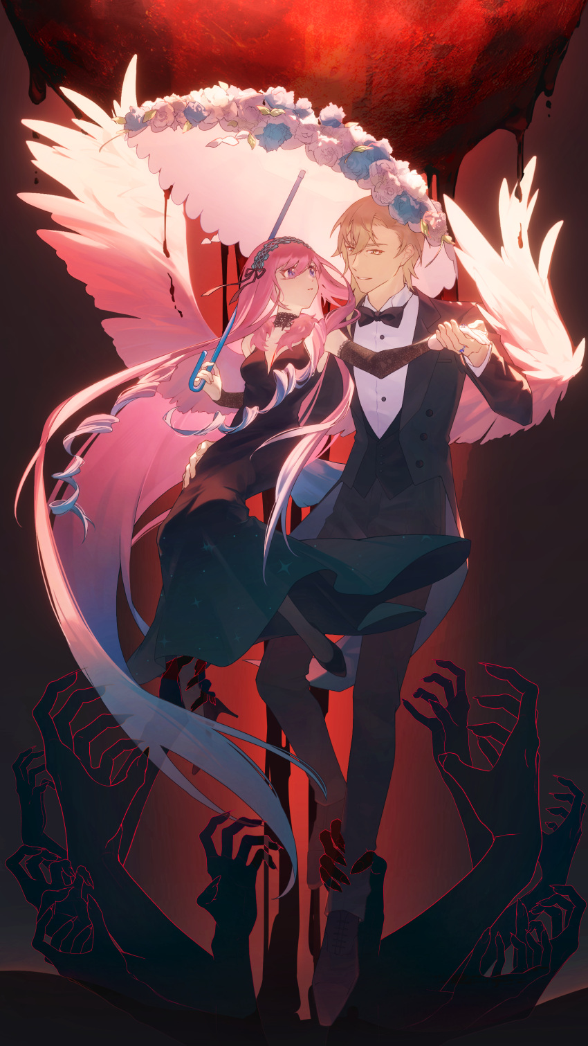 1boy, 1girl, absurdres, avery_(degrees_of_lewdity), avery_(male)_(degrees_of_lewdity), black_bow, black_bowtie, black_dress