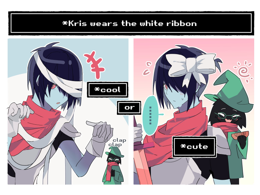 1boy, 1other, absurdres, blue_hair, blue_skin, bow, chinese_commentary, clapping