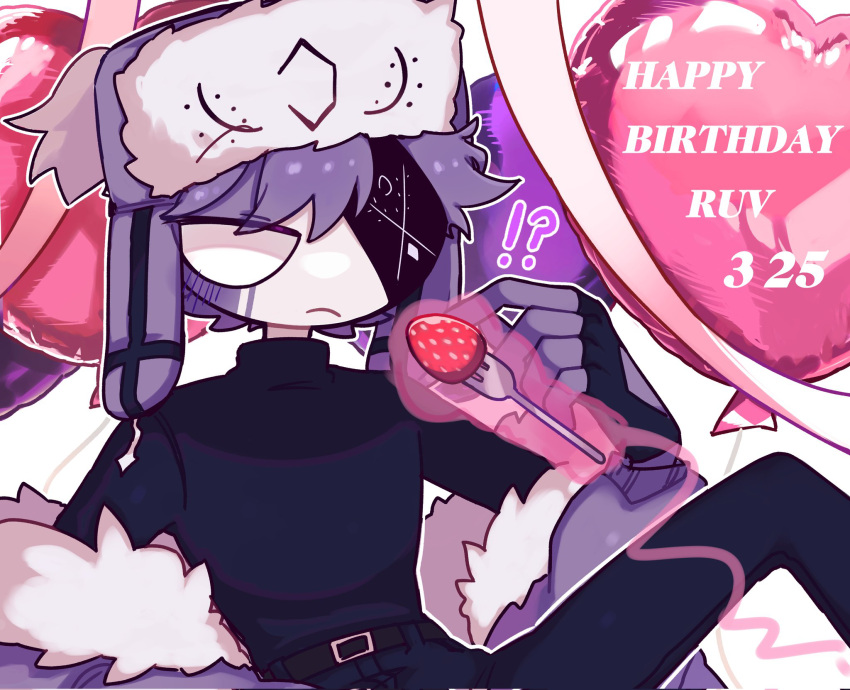 !?, 1boy, arm_at_side, balloon, belt, black_belt, black_gloves, black_pants, black_sweater, blank_eyes, character_name, closed_mouth, clothing_cutout, colored_skin, commentary_request, corrupted_twitter_file, cxolzayti1bx36l, dated, english_text, expressionless, eye_contact, eyepatch, feet_out_of_frame, fingerless_gloves, food, fork, friday_night_funkin', frown, fruit, fur-trimmed_headwear, fur-trimmed_jacket, fur_trim, glove_cutout, gloves, grey_hair, grey_hat, grey_jacket, grey_skin, hand_up, happy_birthday, hat, heart_balloon, highres, holding, holding_food, holding_fruit, jacket, jacket_partially_removed, jitome, knee_up, long_sleeves, looking_at_another, male_focus, multicolored_skin, no_nose, open_clothes, open_jacket, pants, pom_pom_(clothes), puffy_long_sleeves, puffy_sleeves, raised_eyebrow, ruvyzvat_(friday_night_funkin'), short_hair, simple_background, single_eyebrow, sitting, solo, strawberry, sweater, turtleneck, turtleneck_sweater, two-tone_skin, ushanka, very_big_eyes, white_background, white_skin