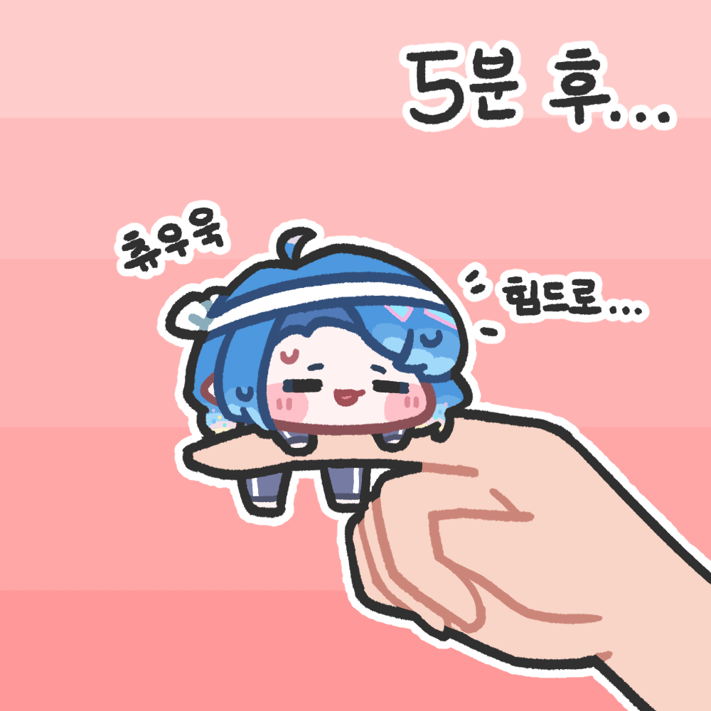 1girl, ahoge, asia_(trickcal), blue_hair, blush_stickers, closed_eyes, commentary_request, fang