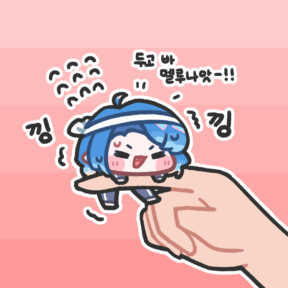 1girl, ahoge, asia_(trickcal), blue_hair, blush_stickers, closed_eyes, commentary_request, fang