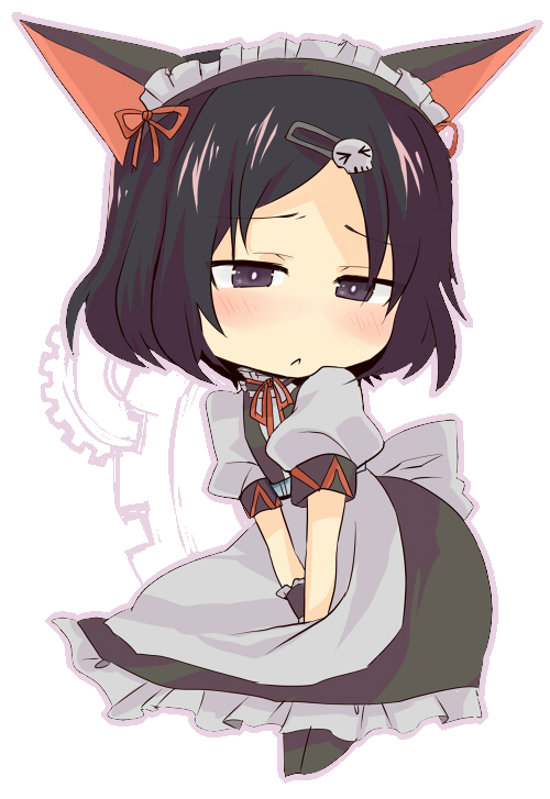 :<, animal_ears, black_hair, blush, chibi, hair_ornament, hairclip, maid