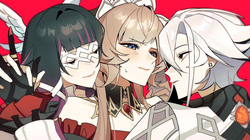 3girls, arlecchino_(genshin_impact), bare_shoulders, black_collar, black_eyes, black_hair, black_hands, black_sleeves