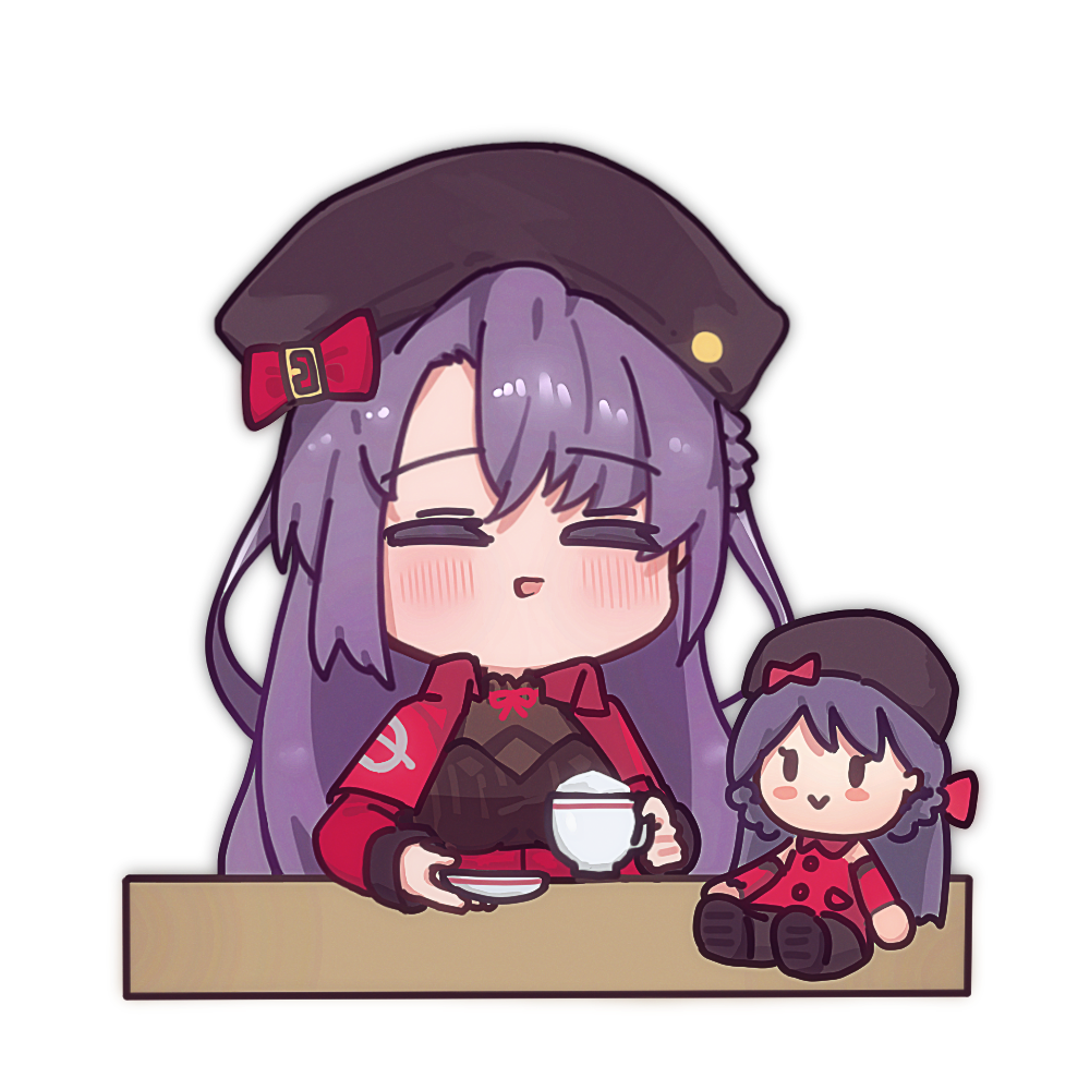 blush, chibi, closed_eyes, commentary, cup, girls'_frontline_2:_exilium, girls_frontline, hat
