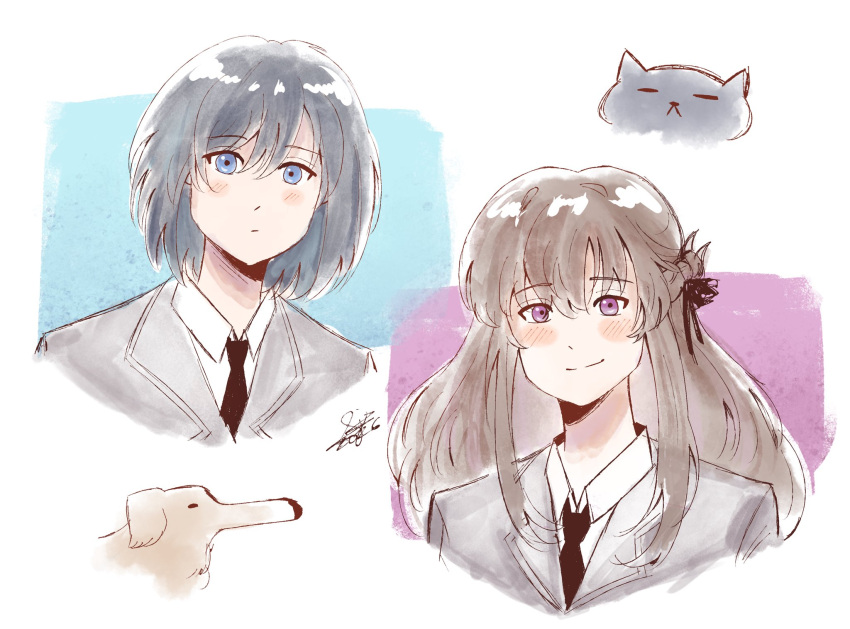 2girls, black_hair, black_necktie, blazer, blue_eyes, braid, brown_hair, cat