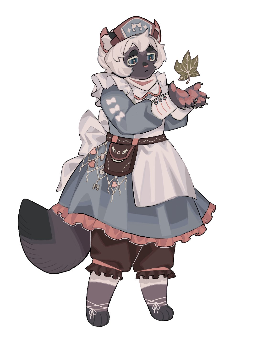 1girl, a_starless_clan, animal_ears, animal_feet, animal_hands, ankle_ribbon, apron, belt, belt_pouch, black_bloomers, bloomers, blue_dress, blue_eyes, bow, brown_belt, cat_ears, cat_girl, cat_tail, charm_(object), claws, colored_eyelashes, colorpoint_(pattern), commentary, dress, embroidery, english_commentary, fishing_net, frostdawn, full_body, hat, highres, leaf, leg_ribbon, lolita_fashion, long_sleeves, mimi_(mourninglamby), nurse, nurse_cap, open_hands, pawpads, personification, pouch, ribbon, seashell, shell, short_hair, simple_background, solo, standing, starclan_emblem, tachi-e, tail, warrior_cats, white_apron, white_background, white_bow, white_eyelashes, white_hair, white_ribbon