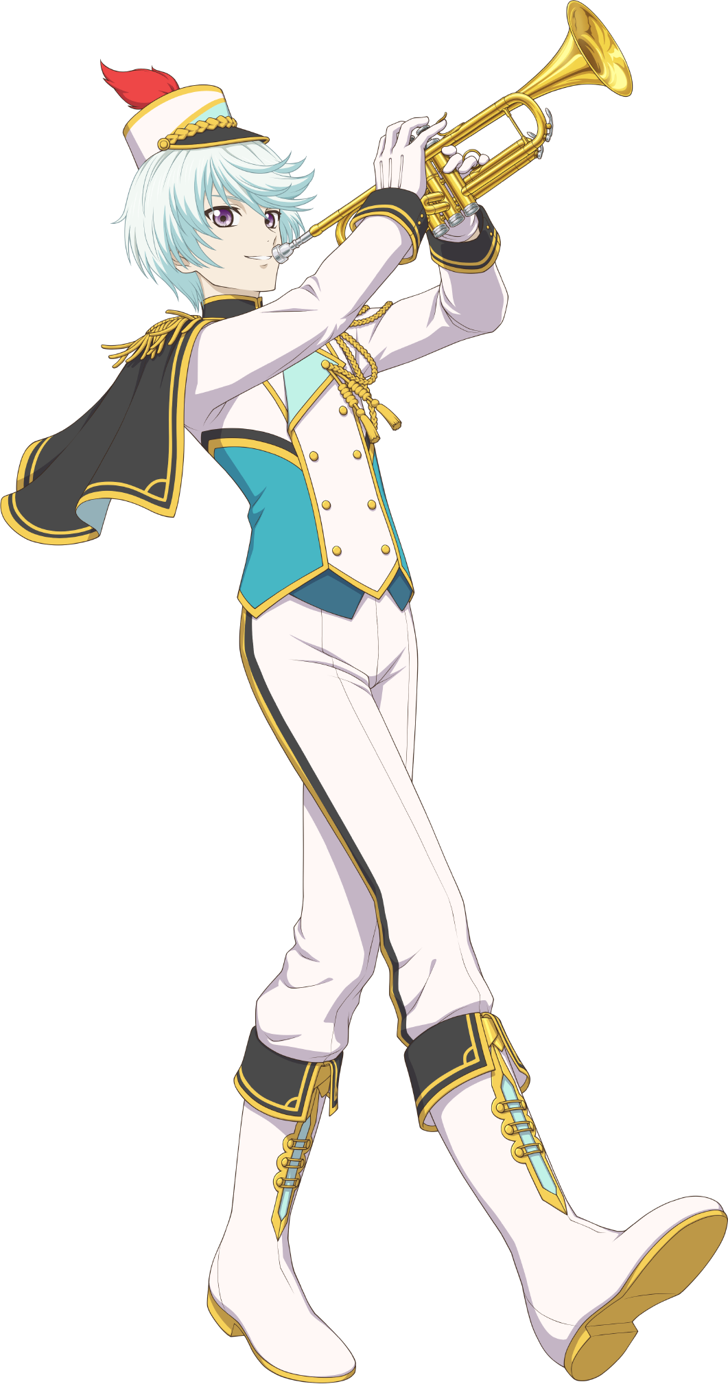 1boy, artist_request, band_uniform, blue_hair, boots, commentary, english_commentary, full_body