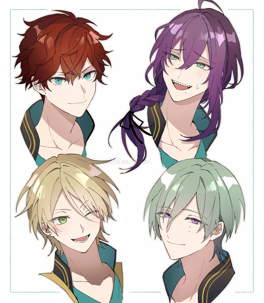 4boys, ;d, ahoge, amagi_hiiro, ayase_mayoi, black_ribbon, blue_eyes, border
