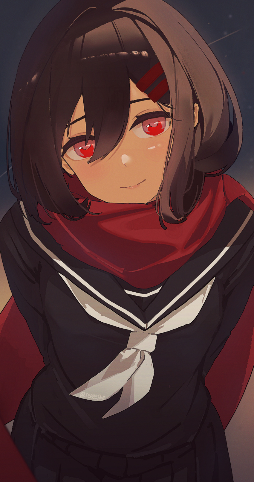 1girl, black_hair, black_serafuku, hair_between_eyes, hair_ornament, hairclip, highres, kagerou_project