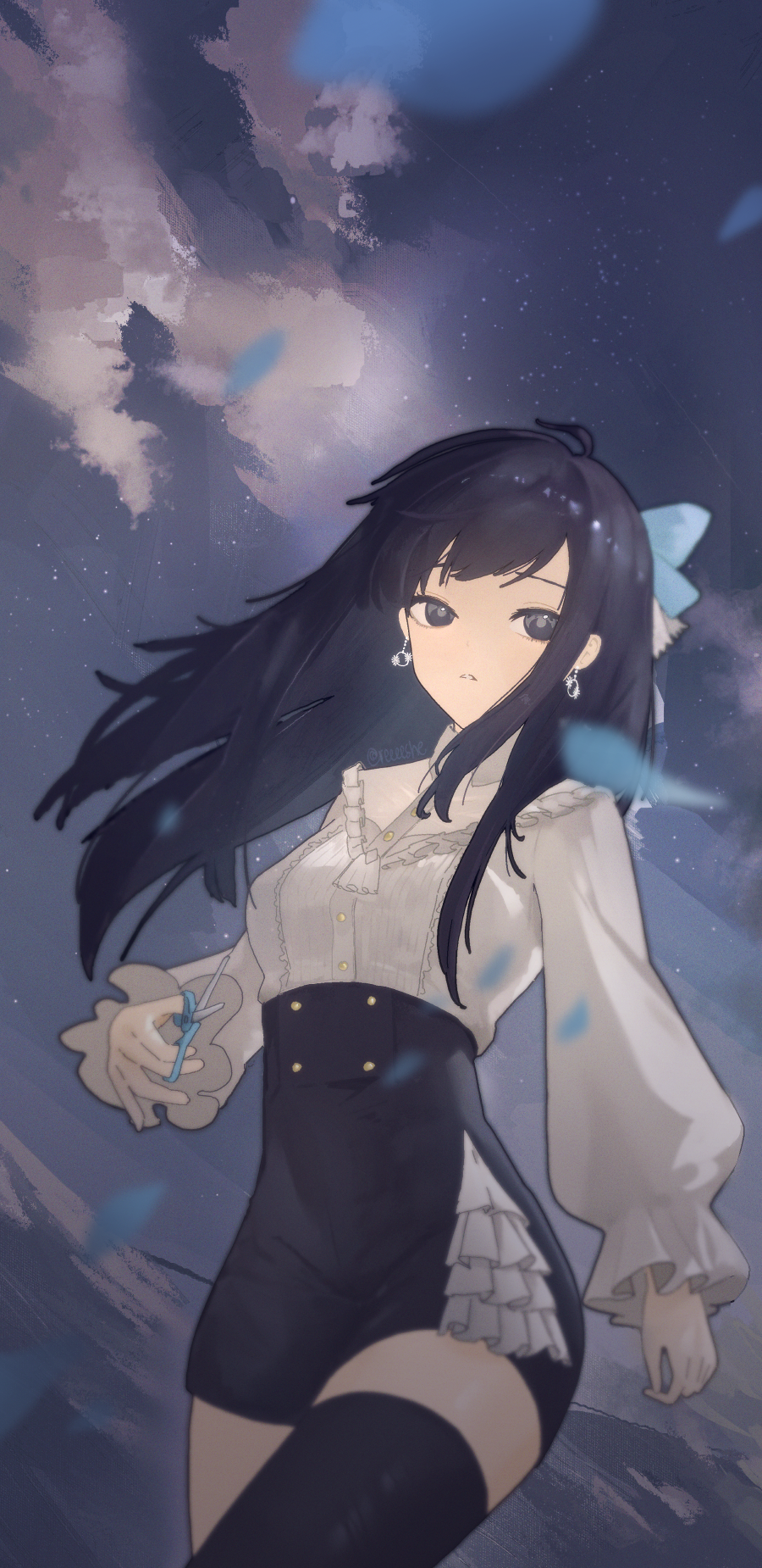1girl, black_hair, black_thighhighs, hanabasami_kyou, highres, holding, holding_scissors, long_hair