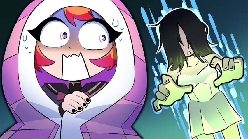 2girls, berrycrepe, black_hair, black_nails, blanket, character_request, cheriiart, collarbone, commentary, dress, english_commentary, eyelashes, fingernails, ghost, ghost_girl, hair_over_eyes, haunted_:_room_205, indie_virtual_youtuber, long_hair, multiple_girls, nail_polish, official_art, open_mouth, pale_skin, red_hair, scared, second-party_source, sweat, triangle_mouth, video_thumbnail, violet_eyes, virtual_youtuber, white_dress, youtube_video_thumbnail
