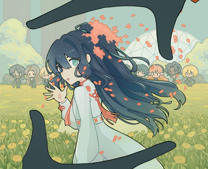 1other, 4boys, 4girls, absurdres, androgynous, aqua_eyes, black_eyes, black_hair