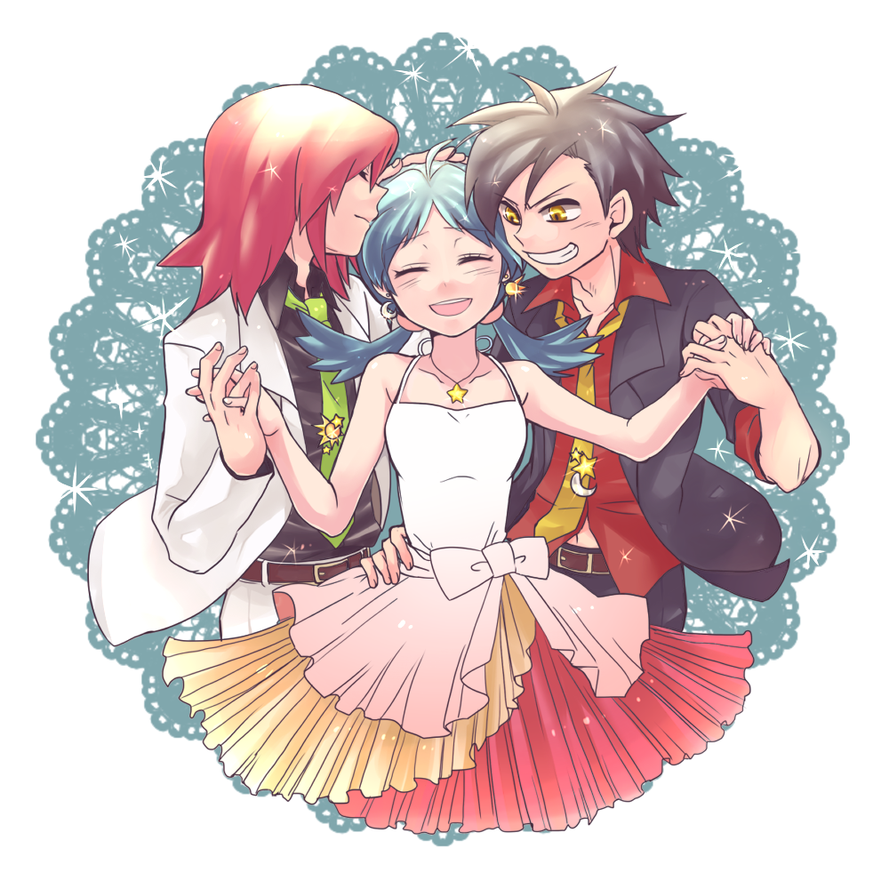 alternate_costume, belt, black_hair, blue_hair, blush, closed_eyes, crystal_(pokemon), dress