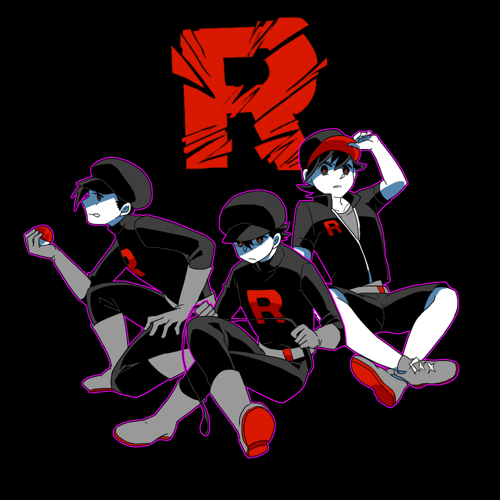 3boys, adjusting_clothes, adjusting_headwear, alternate_universe, black_background, black_eyes, black_hat, black_pants, black_shirt, black_shorts, black_sweater, boots, character_request, colored_skin, cosplay, crossed_legs, elbow_gloves, ethan_(pokemon), facing_to_the_side, gloves, grey_boots, grey_gloves, grey_shirt, hand_on_own_leg, hat, high_contrast, holding, holding_poke_ball, holding_whip, leaning_forward, letter, looking_to_the_side, male_focus, monochrome, multiple_boys, on_ground, on_one_knee, pants, partially_unzipped, peaked_cap, poke_ball, pokemon, pokemon_frlg, pokemon_gsc, popped_collar, red_(pokemon), red_eyes, shirt, shorts, sitting, spot_color, sun-baby, sweater, team_rocket, team_rocket_grunt, team_rocket_grunt_(cosplay), team_rocket_uniform, whip, white_skin