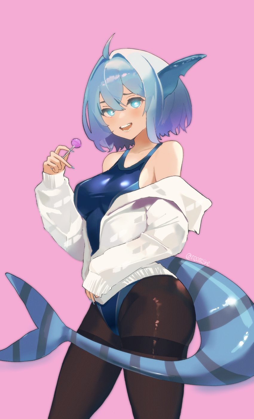 1girl, absurdres, aqua_eyes, black_pantyhose, chupa_chups, fins, fish_tail, highres