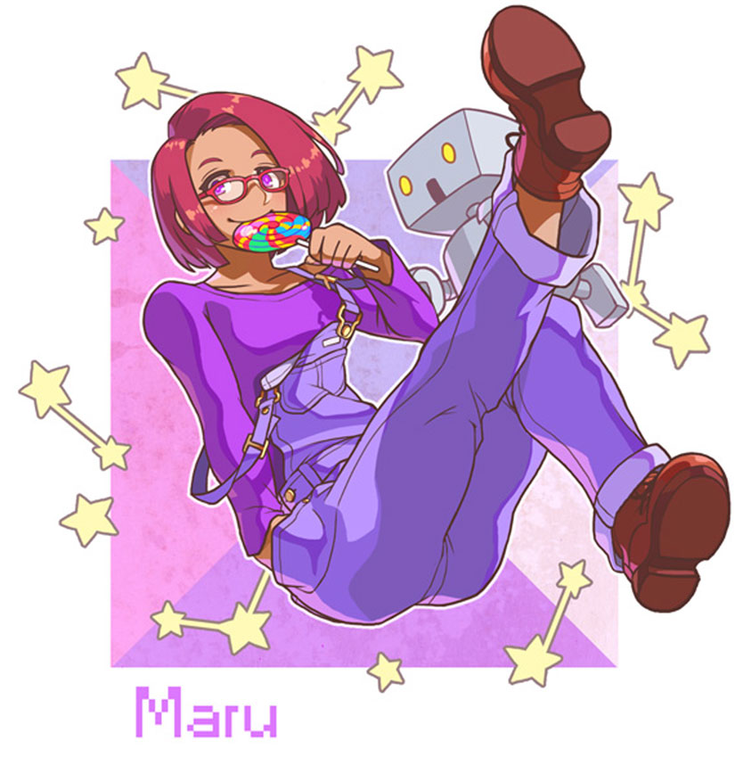 1girl, ankle_boots, blunt_bangs, boots, breasts, brown_boots, candy, character_name