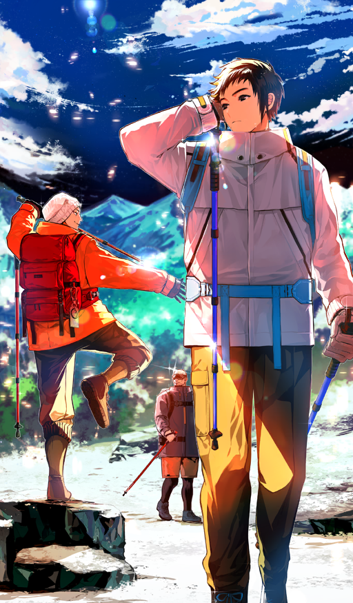 3boys, backpack, bag, balding, blue_jacket, blue_sky, boots, brown_eyes