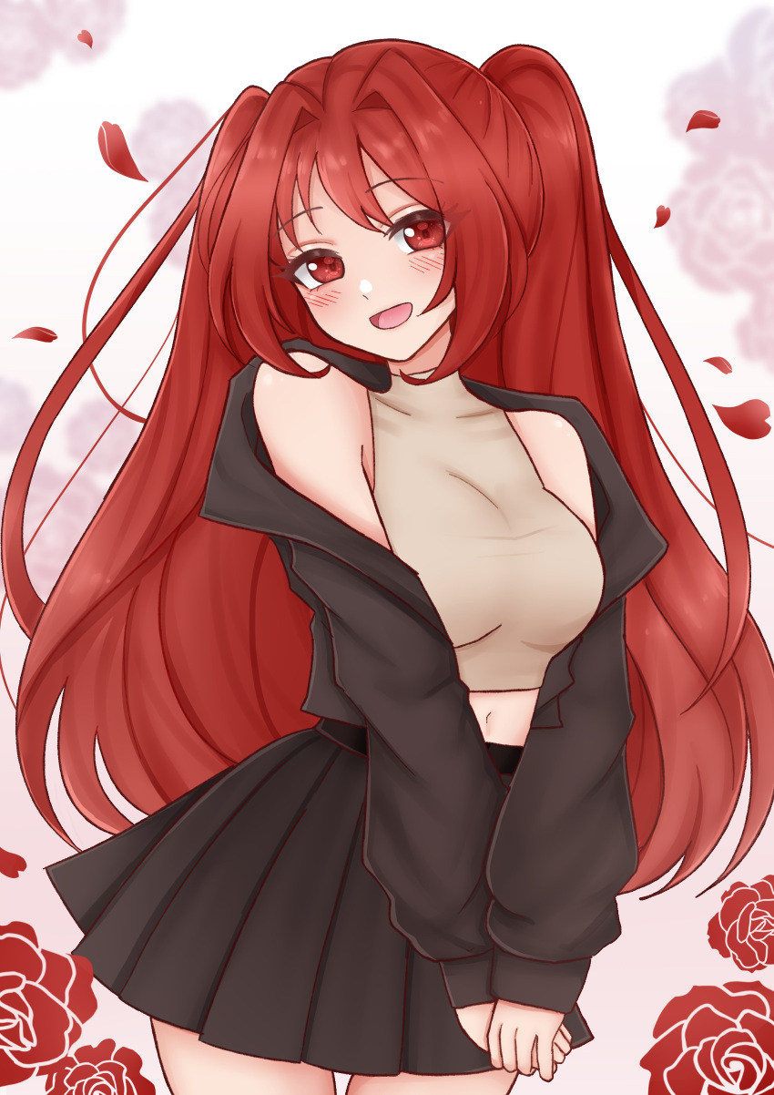 1girl, absurdres, bare_shoulders, black_jacket, black_skirt, blush, commentary_request, commission