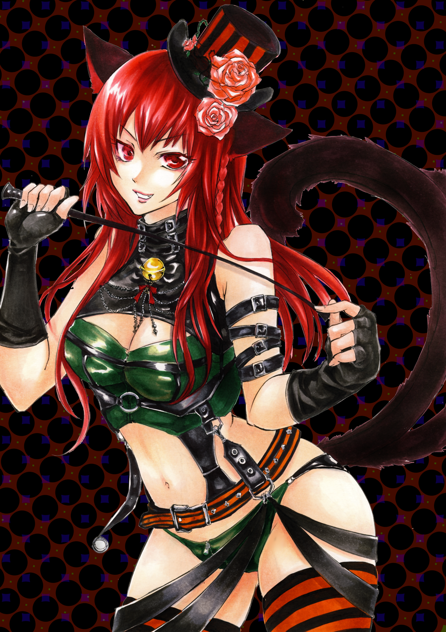 animal_ears, bell, beniyaorin, breasts, cat_ears, cat_tail, cleavage, dominatrix, fingerless_gloves, flower, gloves, hat, highres, jingle_bell, kaenbyou_rin, marker_(medium), midriff, mini_top_hat, mixed_media, multiple_tails, navel, red_eyes, red_hair, redhead, rose, solo, tail, thigh-highs, thighhighs, top_hat, touhou, traditional_media