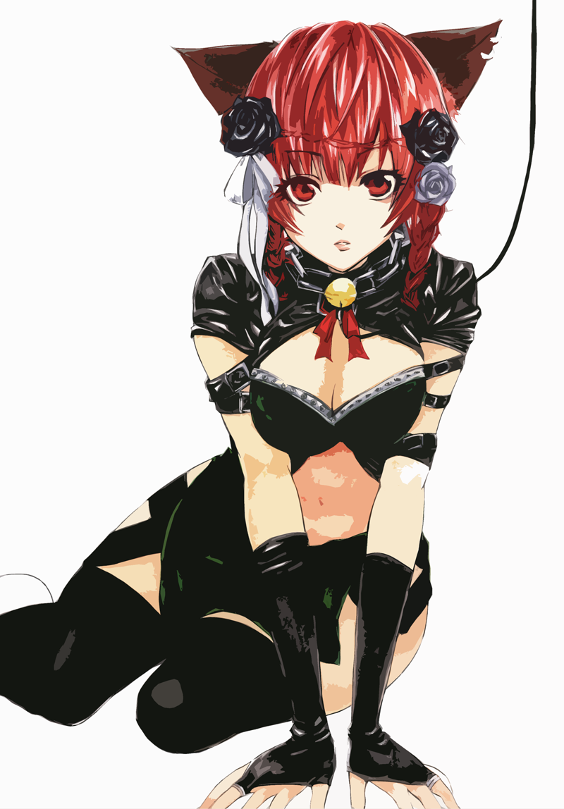 animal_ears, arm_support, bell, bell_collar, beniyaorin, black_legwear, braid, breasts