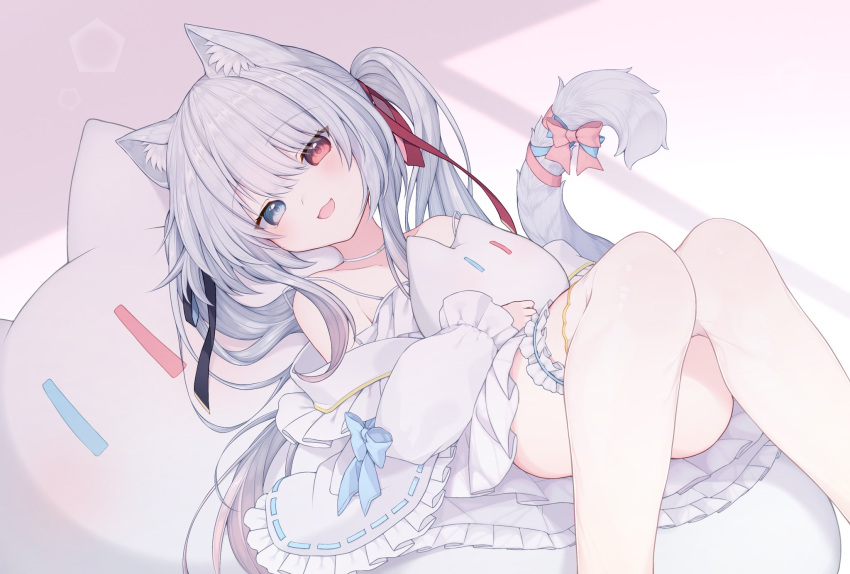 1girl, animal_ears, animal_slippers, bare_shoulders, blue_eyes, bow, bracelet, cat_ears