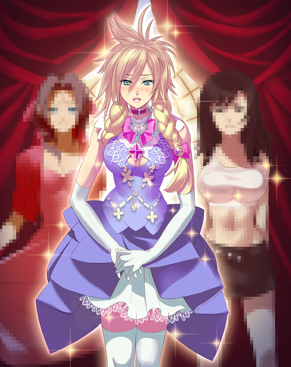 aerith_gainsborough, aqua_eyes, blonde_hair, blue_eyes, blush, braid, breasts, censored, choker, cleavage, cleavage_cutout, cloud_strife, crossdressinging, curtains, dress, elbow_gloves, fake_censor, final_fantasy, final_fantasy_vii, genderswap, gloves, hair_bobbles, hair_ornament, hair_ribbon, highres, kaiseki, large_breasts, multiple_girls, navel, ribbon, sparkle, tank_top, thigh_highs, thighhighs, tifa_lockhart, twin_braids, zettai_ryouiki