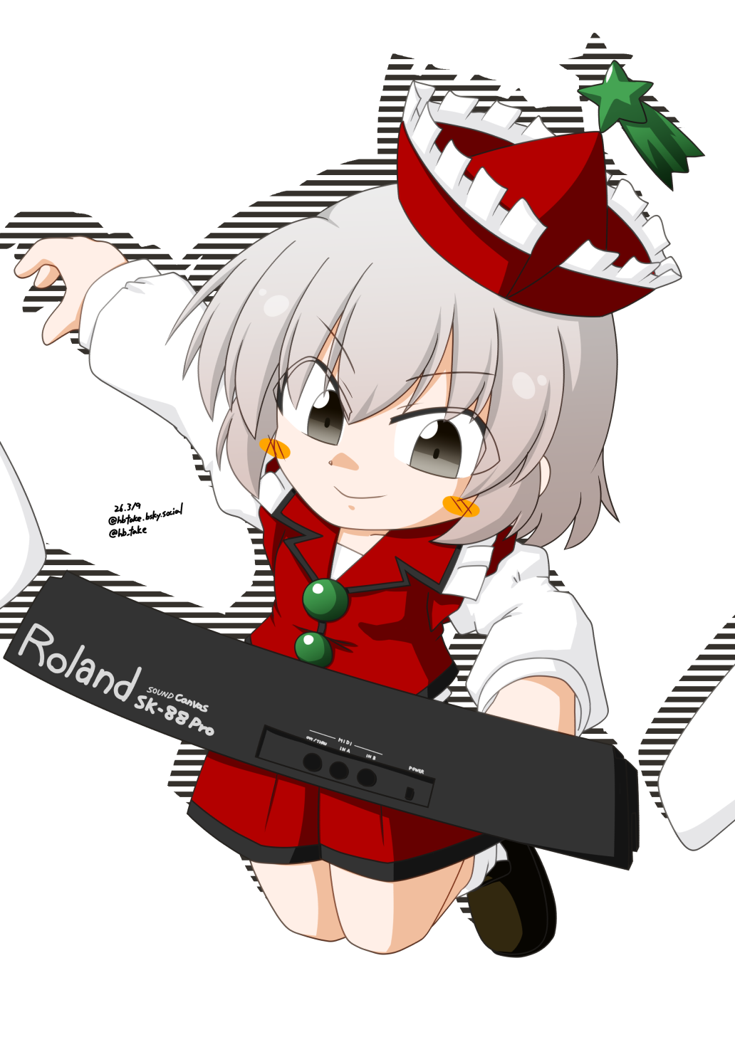 1girl, arm_up, black_shoes, blush_stickers, closed_mouth, commentary_request, crossed_bangs, dated, double-parted_bangs, drop_shadow, english_text, green_trim, grey_eyes, grey_hair, habu_takehiro, hat, highres, instrument, jumping, legs_up, logo, long_sleeves, lyrica_prismriver, midair, midi_keyboard, music, one-hour_drawing_challenge, piano, playing_instrument, playing_piano, puffy_long_sleeves, puffy_sleeves, red_hat, red_shorts, red_vest, roland_(company), shirt, shoes, shooting_star_hat_ornament, short_hair, shorts, simple_background, smile, socks, solo, touhou, twitter_username, v-shaped_eyebrows, vest, white_background, white_shirt, white_socks