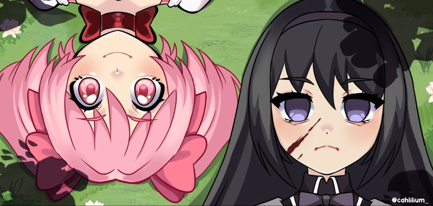 2girls, akemi_homura, akemi_homura_(magical_girl), black_hair, blood, blood_on_face, bow, choker