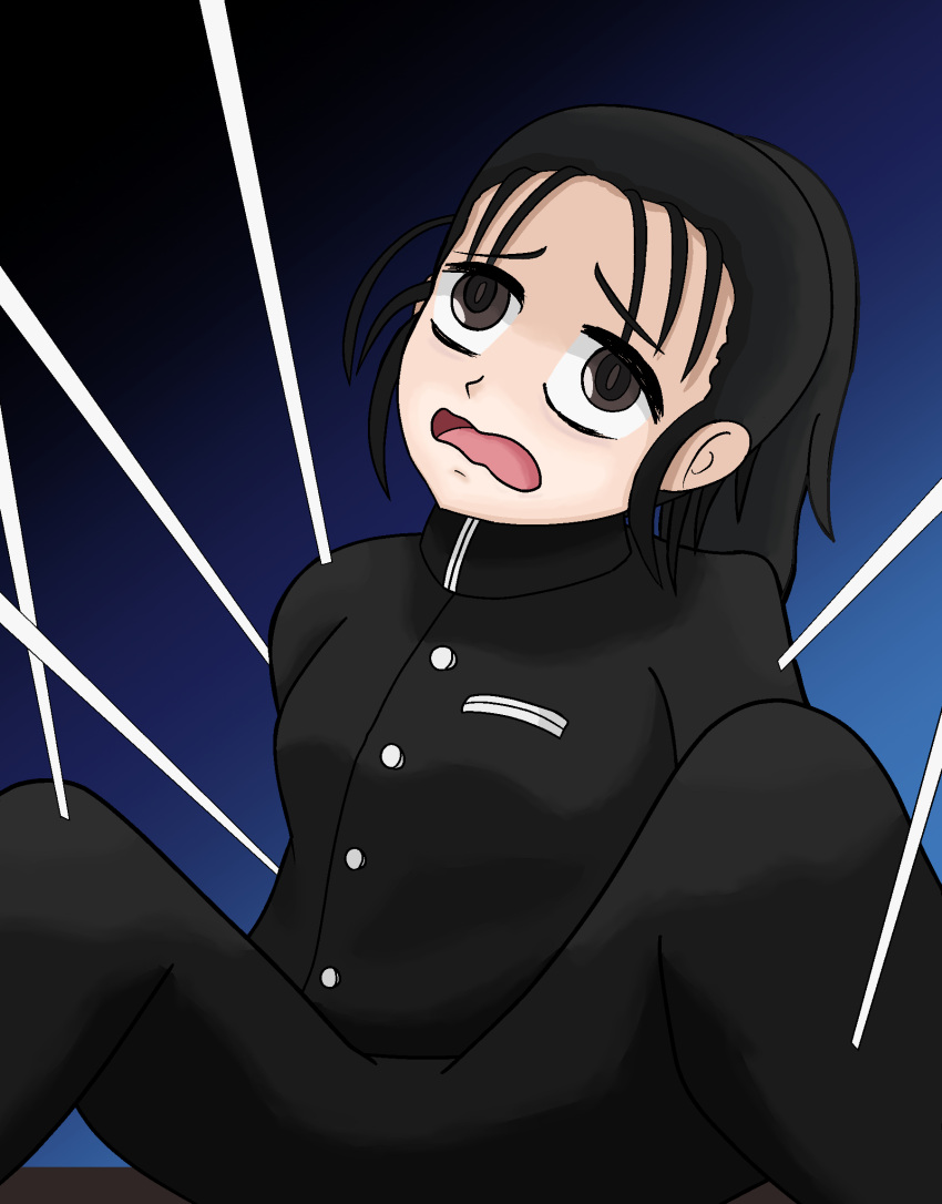 1girl, 2022, artist_request, black_hair, blue_background, brown_eyes, demon_slayer_uniform, female