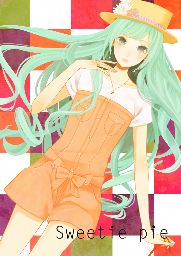 bow, checkered, checkered_background, coma_(fginiy), green_eyes, green_hair, hat, hatsune_miku