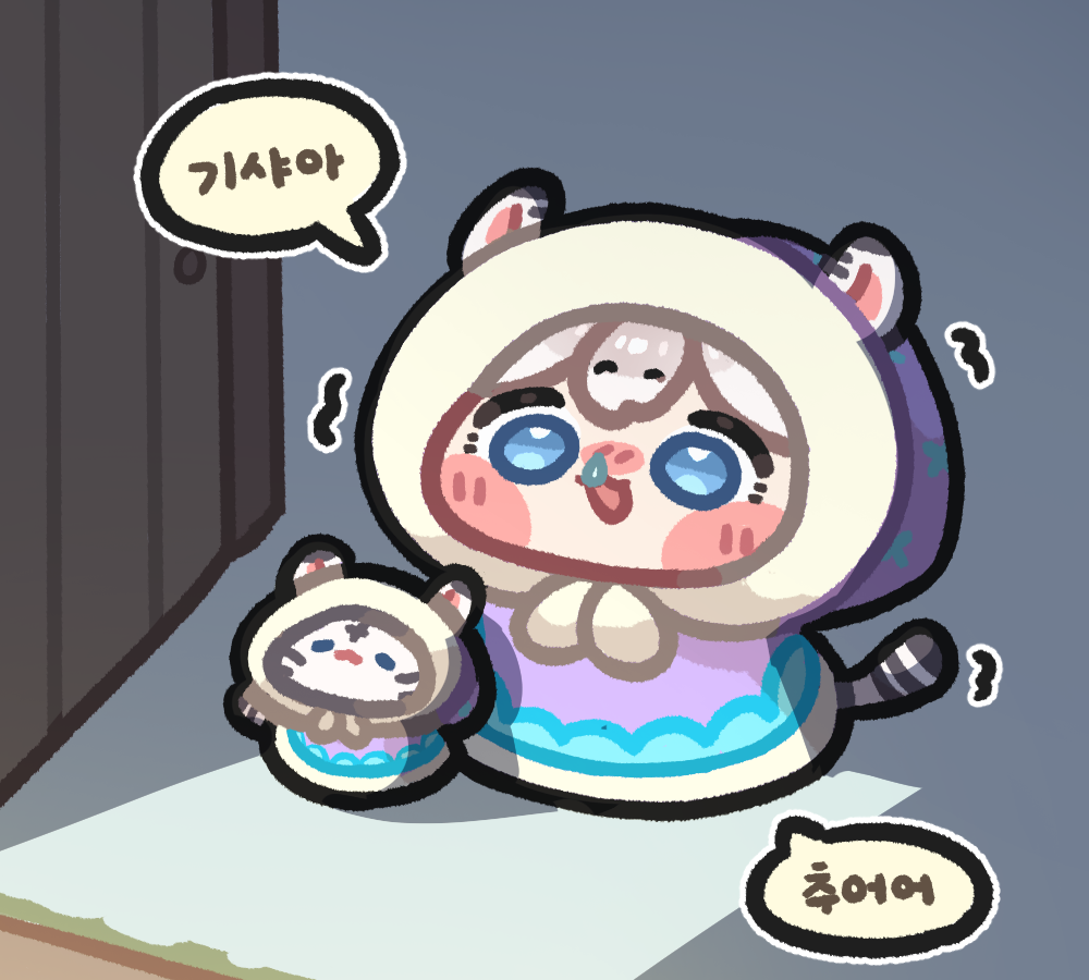 1girl, blue_eyes, blush_stickers, cat, chibi, chibi_only, coat, commentary_request