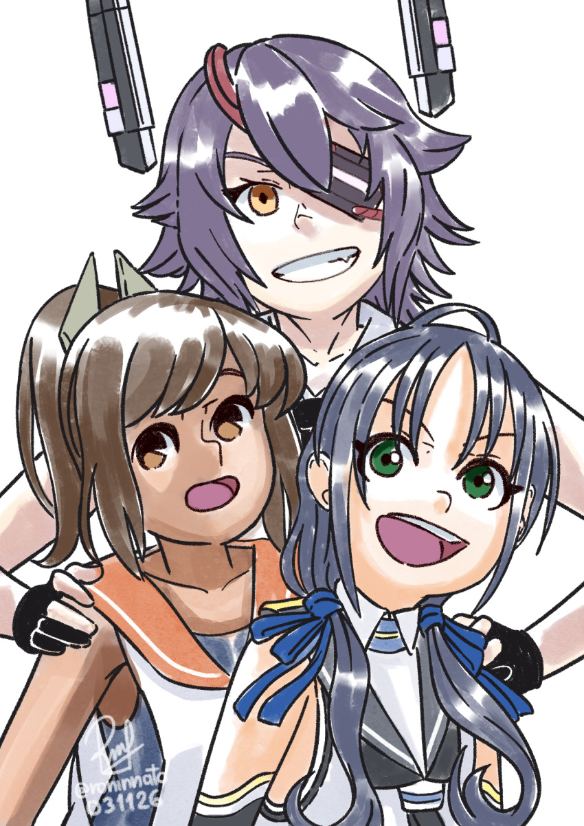 3girls, black_hair, black_sailor_collar, brown_hair, dark-skinned_female, dark_skin, english_commentary, eyepatch