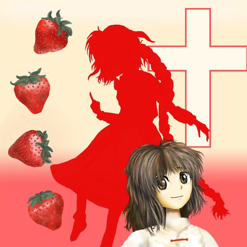 2girls, black_eyes, black_hair, braid, cross, food, fruit, kams