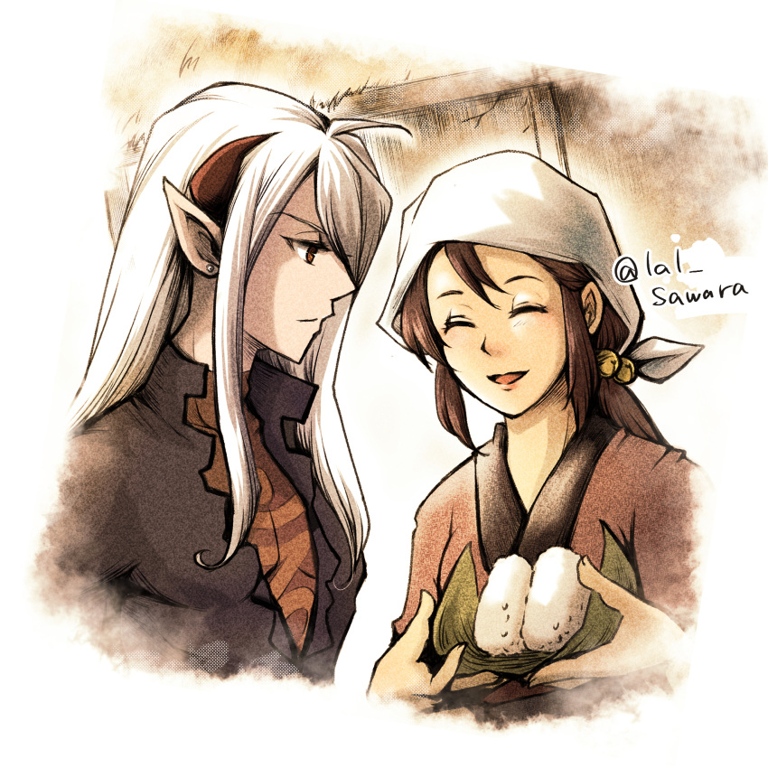 1boy, 1girl, breath_of_fire, breath_of_fire_iv, closed_mouth, commentary_request, fou-lu, highres, horns, long_hair, mami_(breath_of_fire), open_mouth, pointy_ears, sawara0117, smile, white_hair