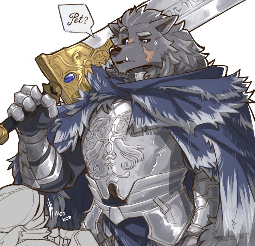 1boy, 1other, animal_ears, armor, black_fur, blaidd_the_half-wolf, blue_cape, cape