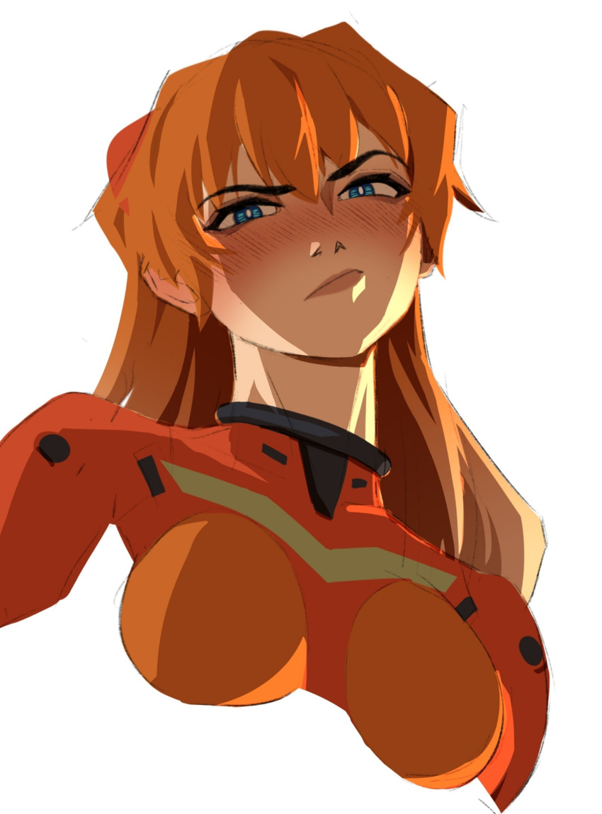 1girl, blue_eyes, blush, bodysuit, breasts, closed_mouth, commentary, english_commentary