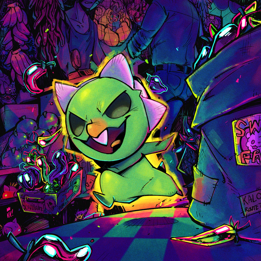 applin, berry_(pokemon), bounsweet, box, capsakid, character_name, checkered_floor, chili_pepper