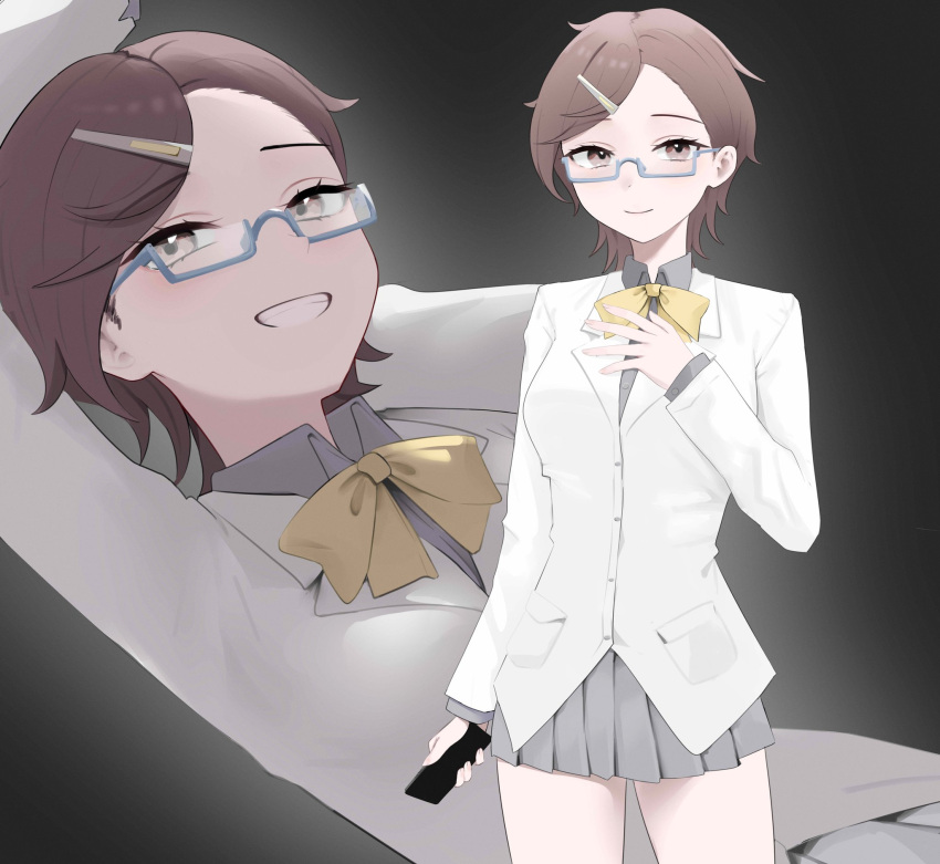 1girl, breasts, brown_eyes, brown_hair, closed_mouth, digimon, digimon_story:_time_stranger, glasses