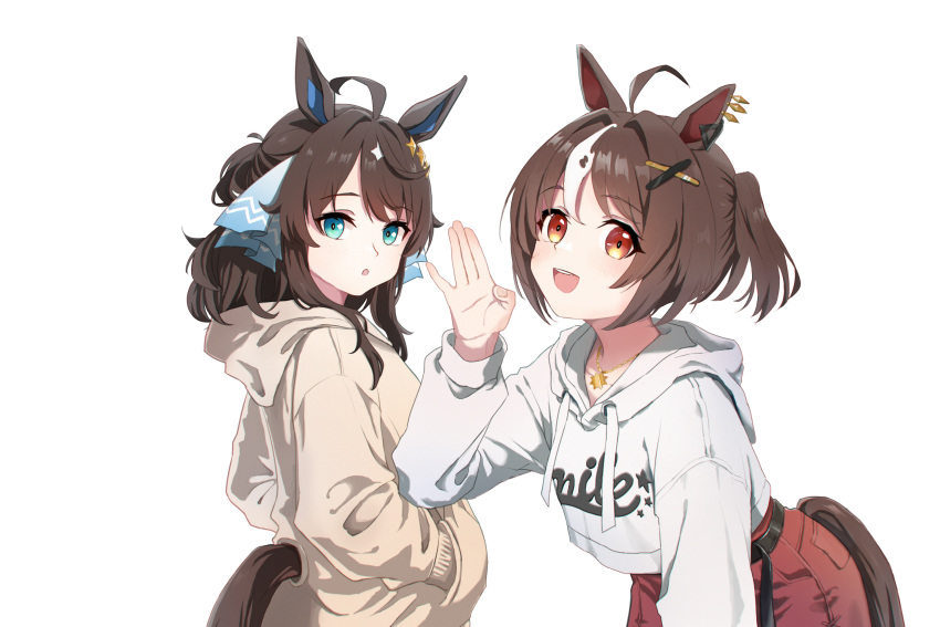 2girls, acreen, ahoge, animal_ear_piercing, animal_ears, blue_eyes, brown_eyes, brown_hair