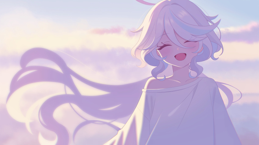 1girl, absurdres, ahoge, alternate_costume, blue_hair, casual, closed_eyes, clouds