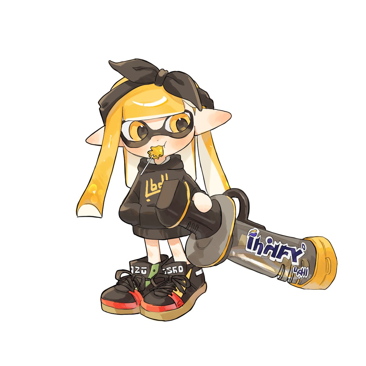 1girl, black_bow, black_hairband, black_hoodie, black_shoes, blonde_hair, bow, bow_hairband