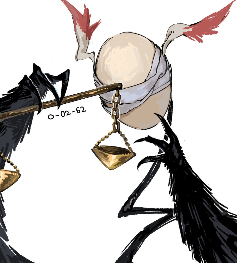 115_koubunshi, balance_scale, bandages, bandages_over_eyes, bird, character_name, covered_eyes, creature