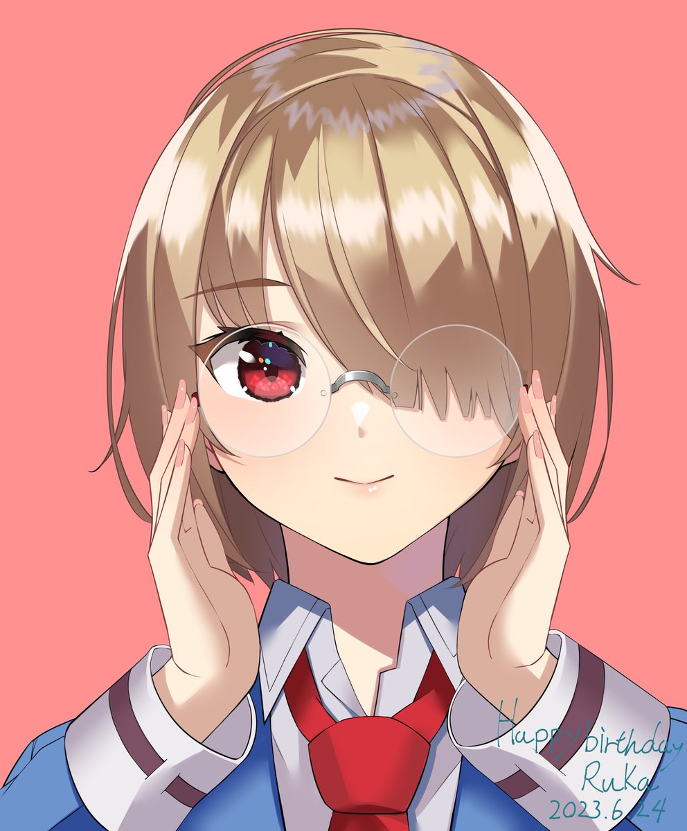 1girl, adjusting_eyewear, bespectacled, blonde_hair, blue_jacket, character_name, closed_mouth, collared_shirt