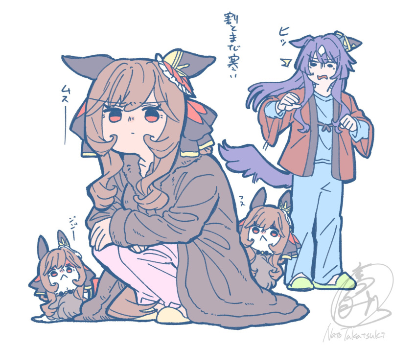 2girls, :<, animal_ears, animalization, black_robe, blue_hair, blue_pajamas, blue_pants