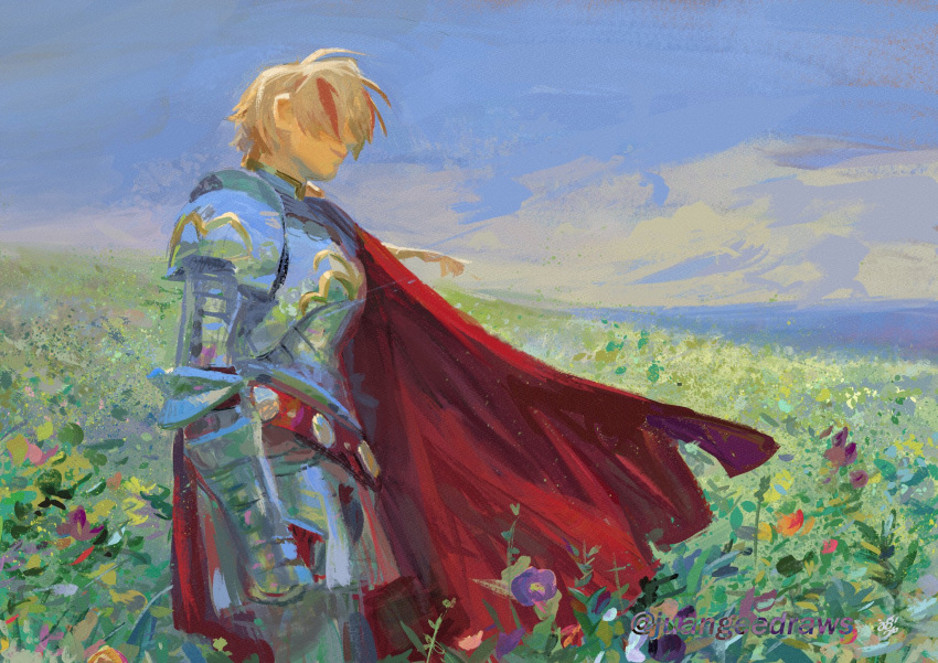 1boy, ahoge, armor, artist_name, belt, blonde_hair, blue_flower, blue_sky