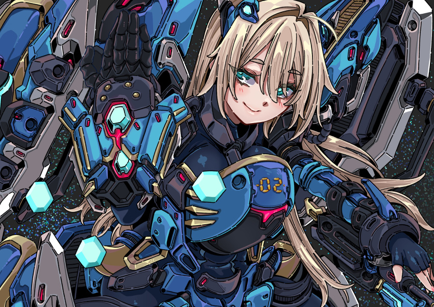 1girl, blonde_hair, blush, commentary_request, daiou_medama, duel, exoskeleton, fingerless_gloves