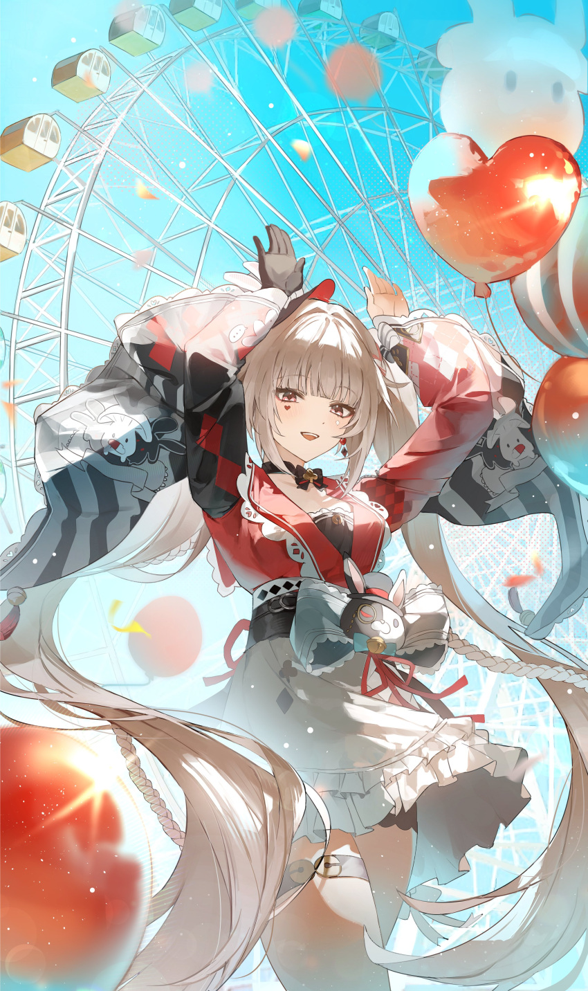 1girl, absurdres, balloon, black_gloves, blue_sky, breasts, capelet, commentary, diamond_(shape), diamond_facial_mark, dress, facial_mark, ferris_wheel, gloves, heart, heart_facial_mark, highres, honkai:_star_rail, honkai_(series), lael_(eve_lael13), long_hair, looking_at_viewer, outdoors, red_capelet, single_glove, sky, small_breasts, solo, sparkle_(honkai:_star_rail), sparxie_(honkai:_star_rail), thighs, twintails, untranslatable_commentary, very_long_hair, violet_eyes, white_dress, white_hair
