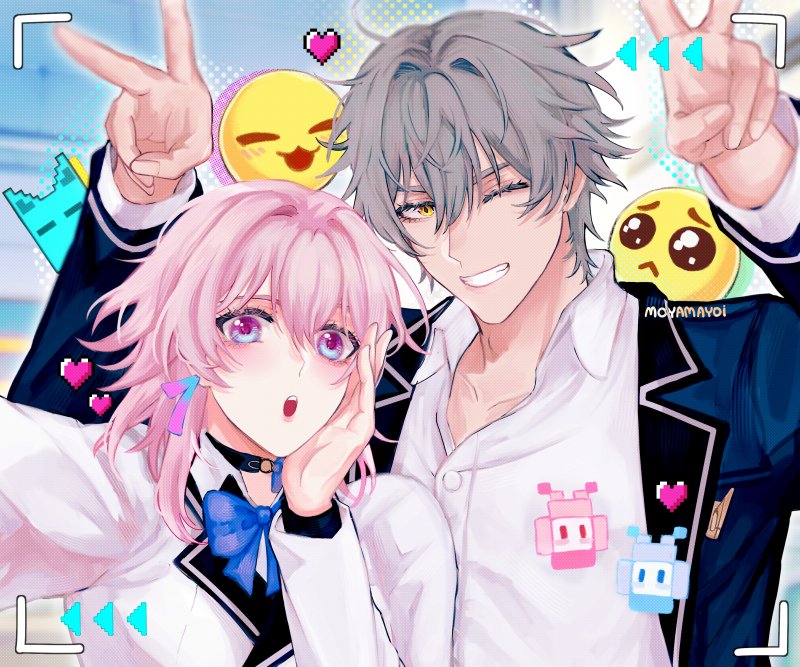 1boy, 1girl, artist_name, black_choker, black_jacket, blue_bow, blue_bowtie, blue_eyes